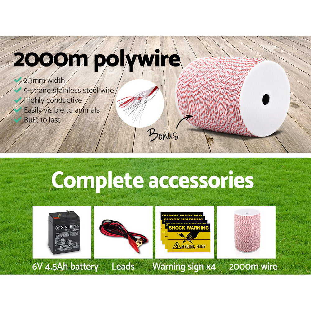 Marlook Fence Energiser 3KM Solar Powered Electric 2KM Poly Wire
