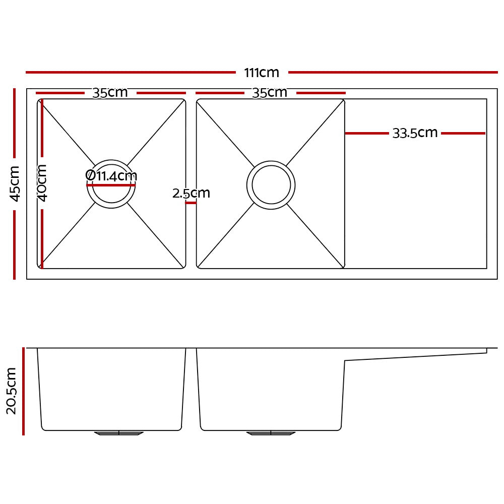 Marlook Kitchen Sink 111X45CM Stainless Steel Basin Double Bowl Laundry Silver