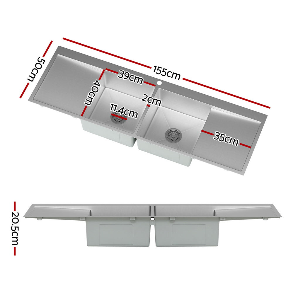 Marlook Kitchen Sink Basin Stainless Steel Under/Top/Flush Mount Bowl 155X50CM
