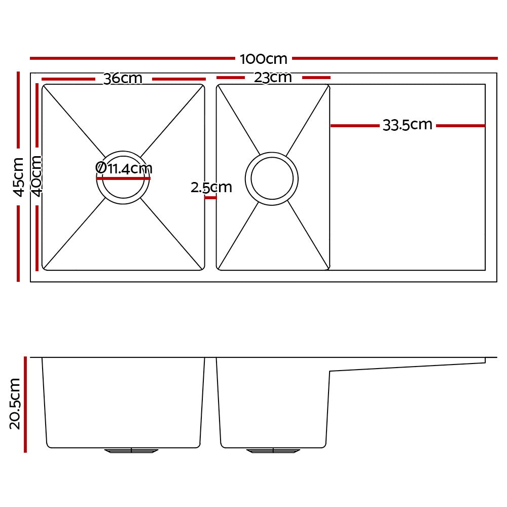 Marlook Kitchen Sink 100X45CM Stainless Steel Basin Double Bowl Laundry Black