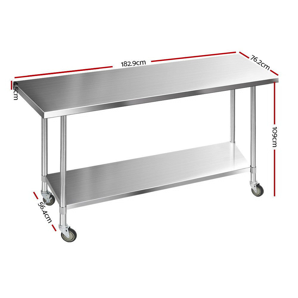 Marlook 1829x760mm Stainless Steel Kitchen Bench with Wheels 430