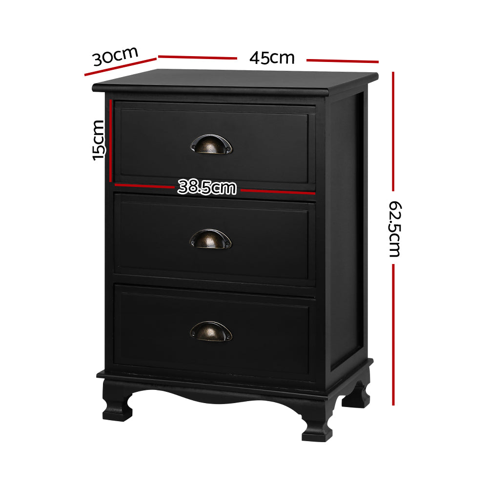 Marlook Bedside Table 3 Drawers Vintage - THYME Black