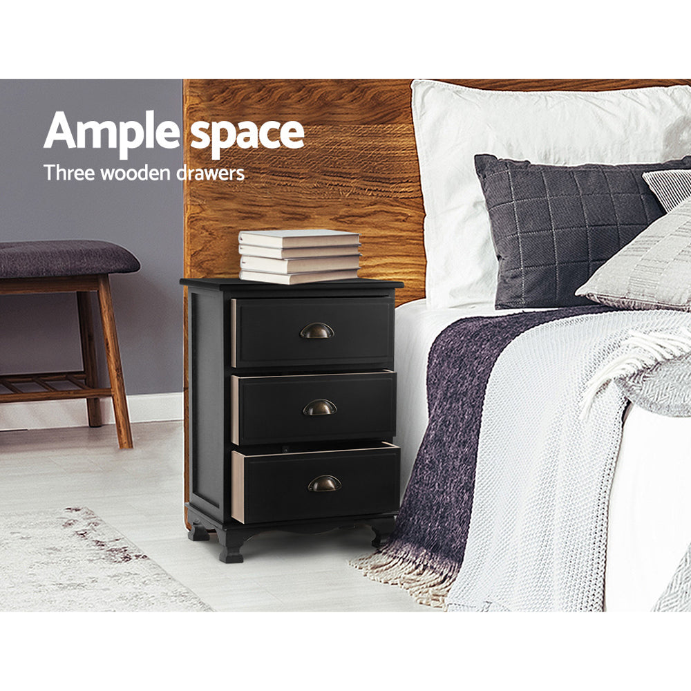 Marlook Bedside Table 3 Drawers Vintage - THYME Black