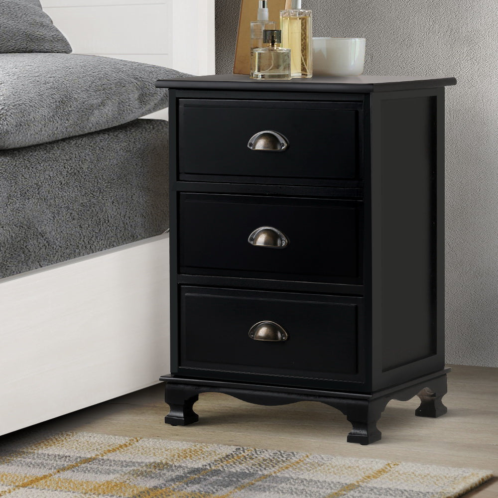 Marlook Bedside Table 3 Drawers Vintage - THYME Black