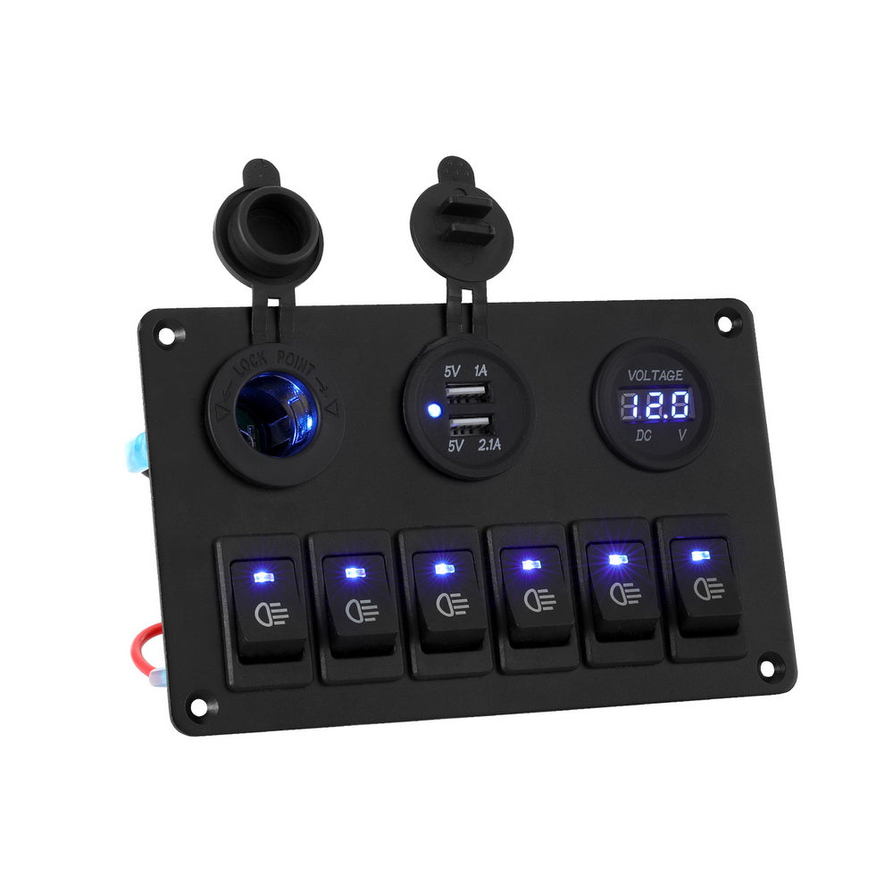 Marlook 6 Gang 12V Switch Panel For Car Boat Marine USB ON-OFF LED Rocker Toggle