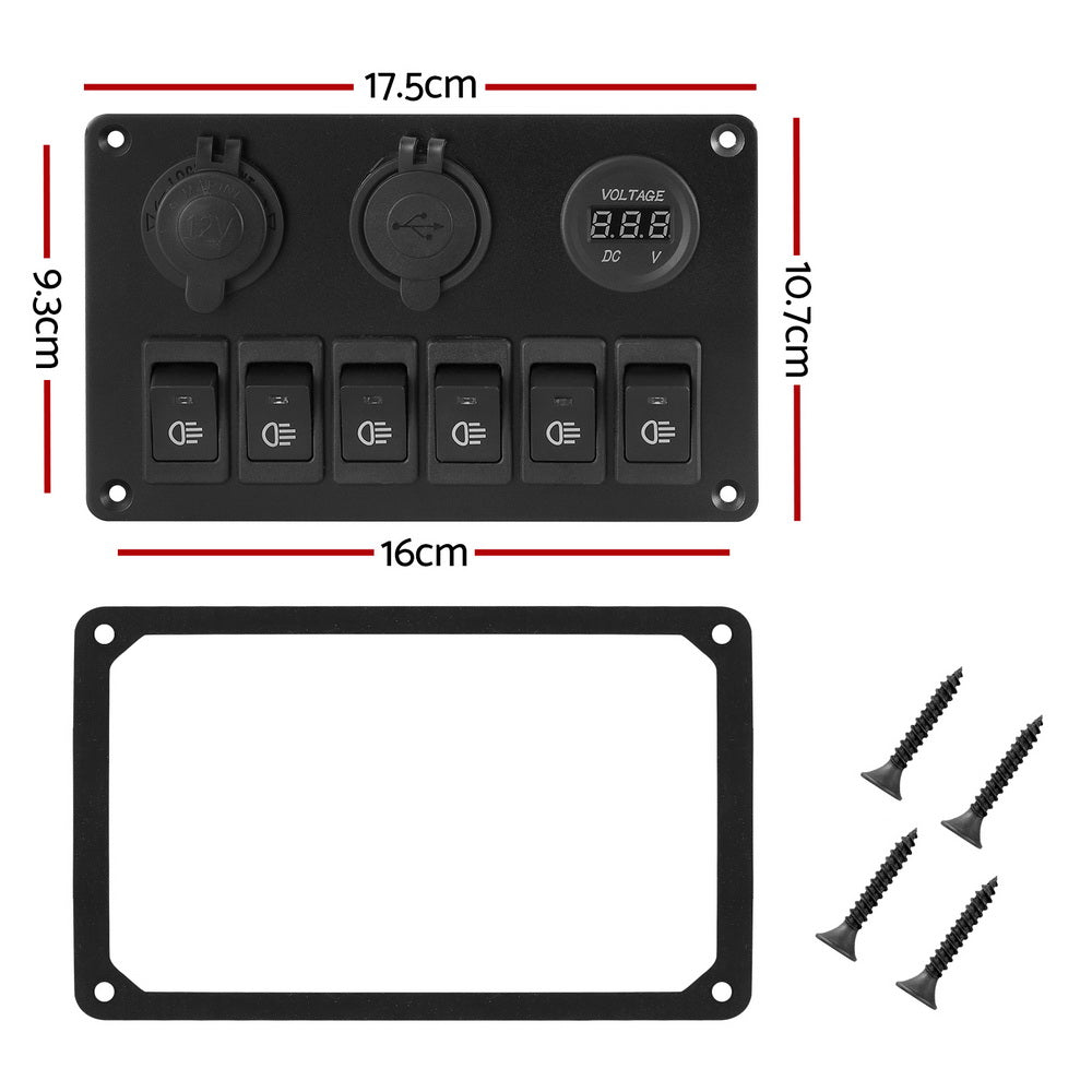Marlook 6 Gang 12V Switch Panel For Car Boat Marine USB ON-OFF LED Rocker Toggle