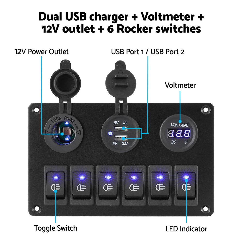 Marlook 6 Gang 12V Switch Panel For Car Boat Marine USB ON-OFF LED Rocker Toggle