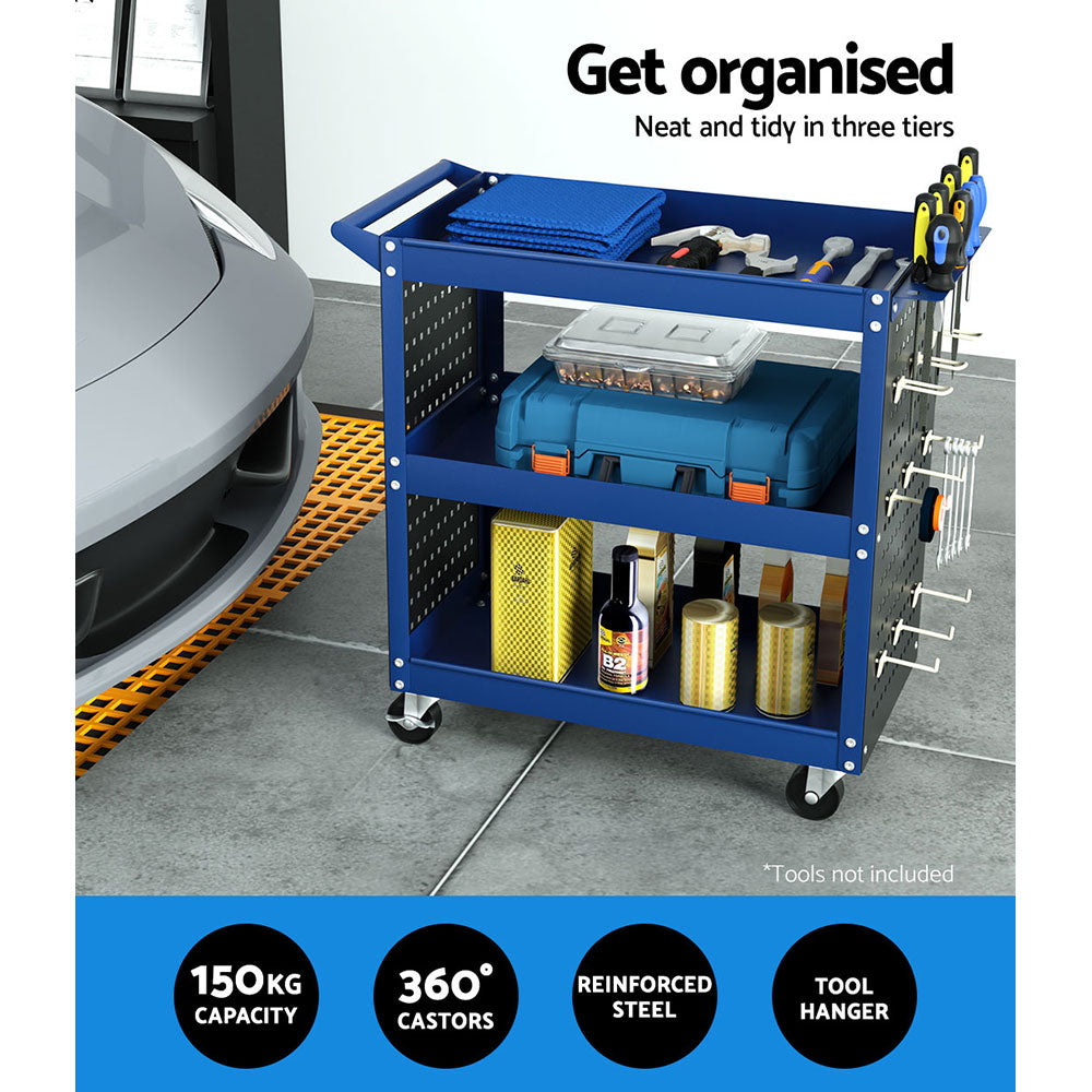 Marlook 3-Tier Tool Cart Storage Trolley Workshop Garage Pegboard Hooks Blue