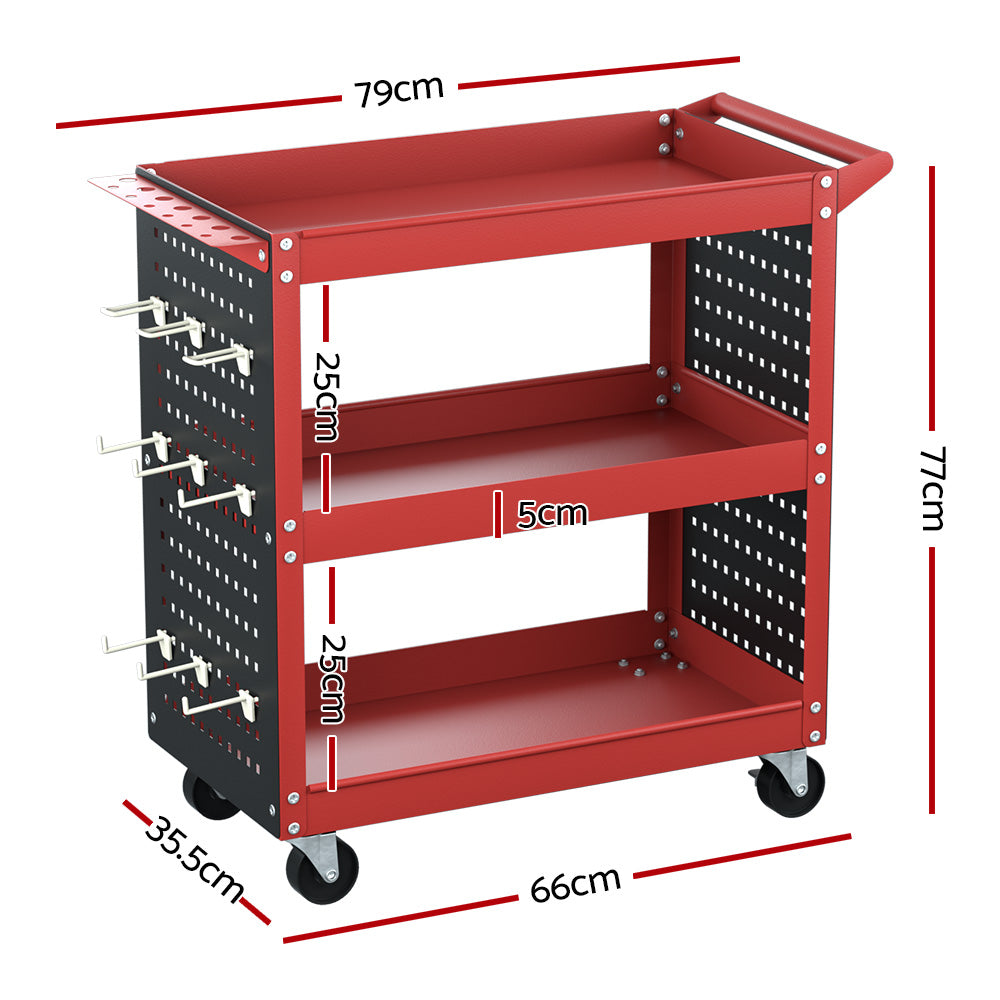 Marlook 3-Tier Tool Cart Storage Trolley Workshop Garage Pegboard Hooks Red