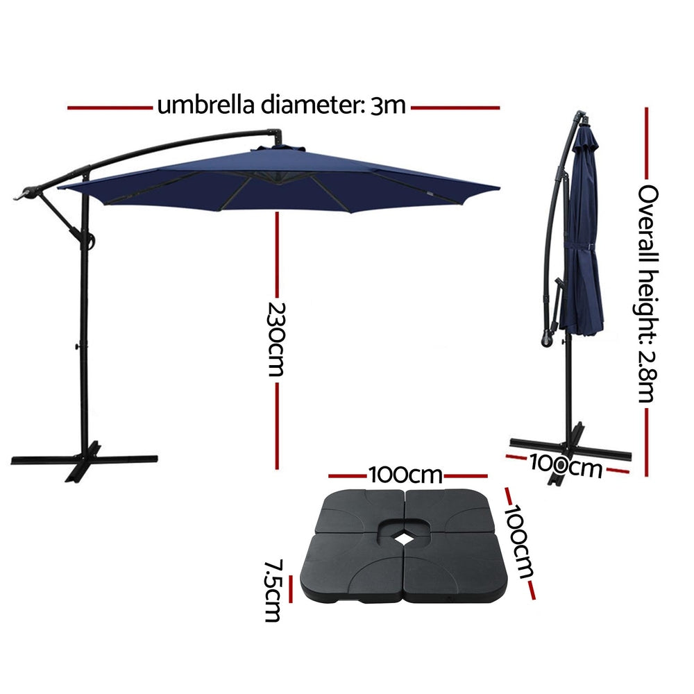 Marlook 3m Umbrella w/Base Outdoor Cantilever Beach Garden Patio Parasol Navy