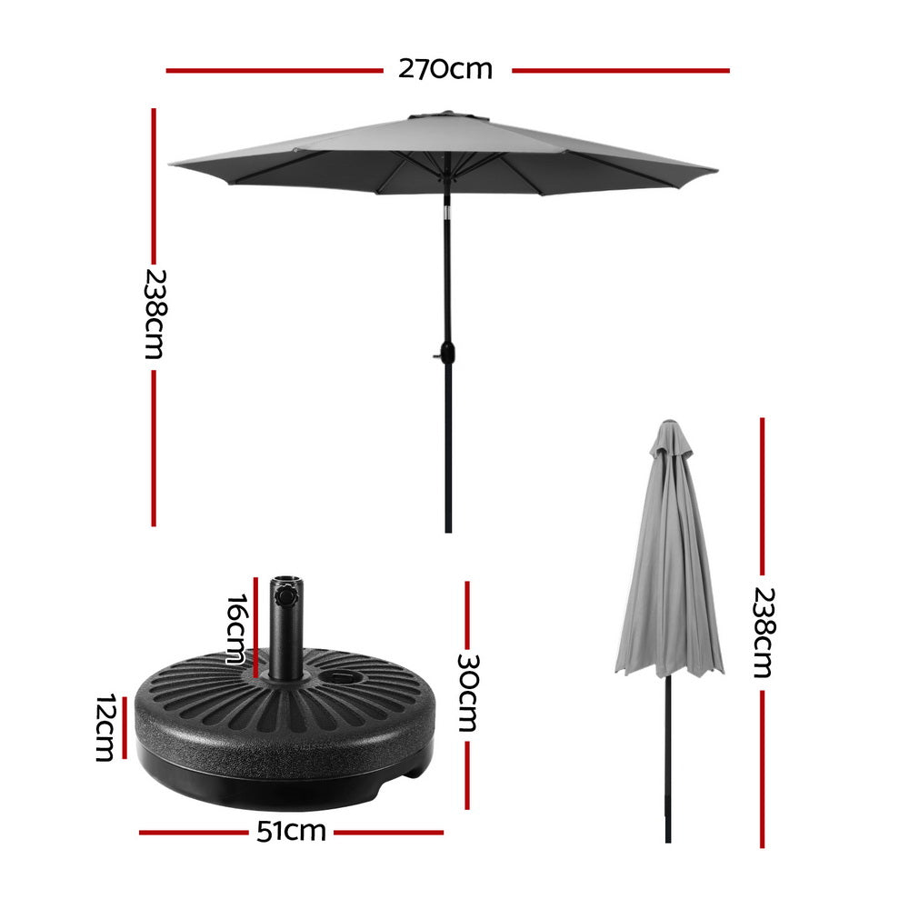 Marlook 2.7m Outdoor Umbrella w/Base Pole Stand Garden Sun Charcoal