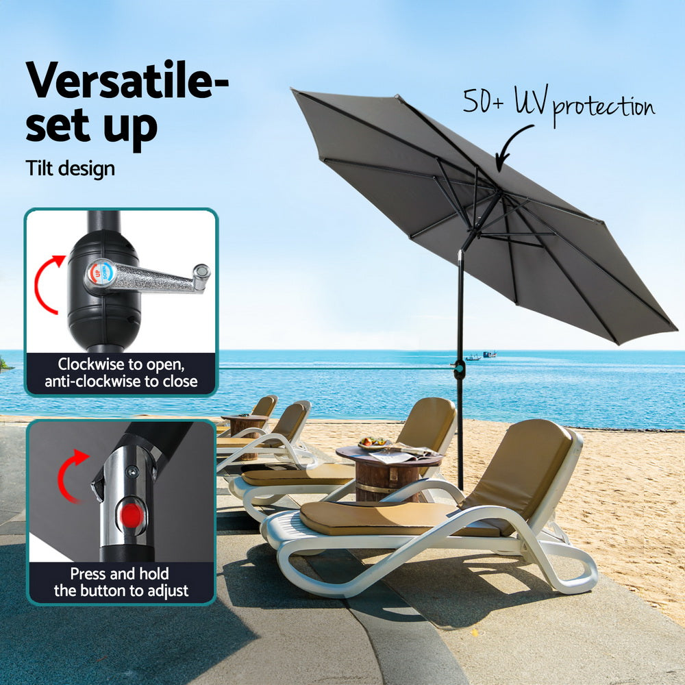Marlook 2.7m Outdoor Umbrella w/Base Pole Stand Garden Sun Charcoal