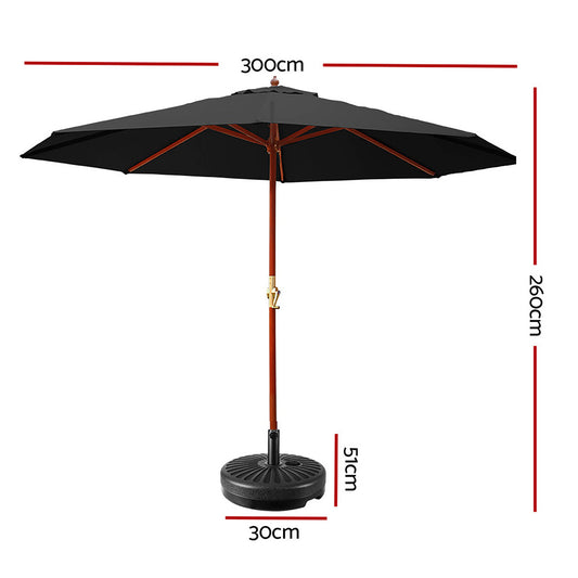 Marlook 3m Outdoor Umbrella w/Base Pole Umbrellas Garden Sun Stand Deck Black