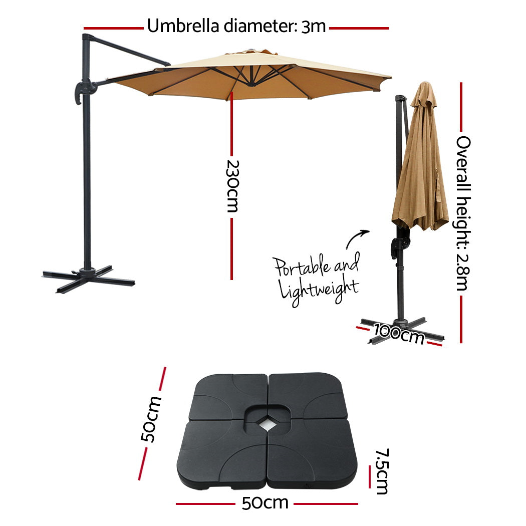 Marlook 3m Outdoor Umbrella w/Base Cantilever Beach Roma 360 Degree Tilt Beige