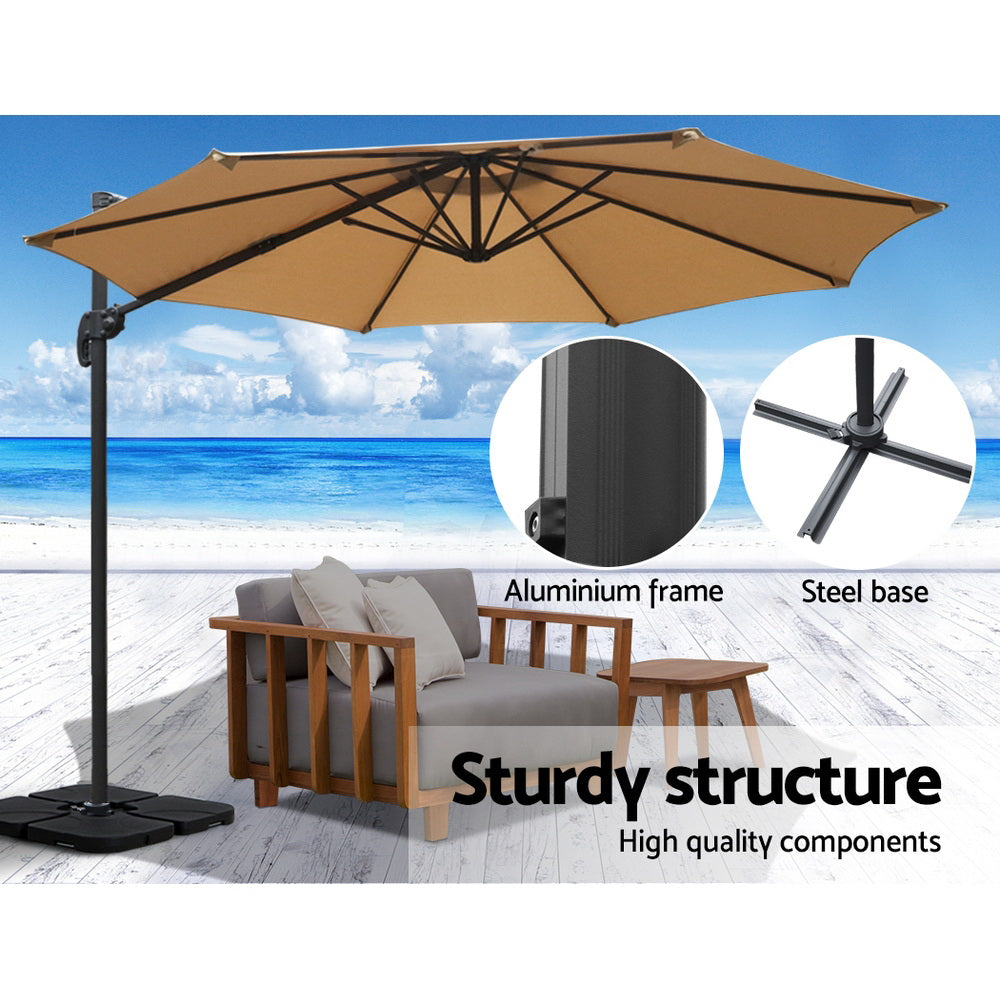Marlook 3m Outdoor Umbrella w/Base Cantilever Beach Roma 360 Degree Tilt Beige