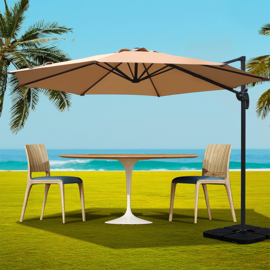 Marlook 3m Outdoor Umbrella w/Base Cantilever Beach Roma 360 Degree Tilt Beige