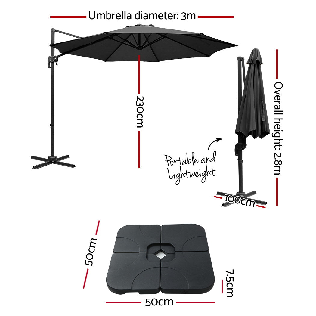 Marlook 3m Outdoor Umbrella w/Base Cantilever Beach Roma 360 Degree Tilt Black