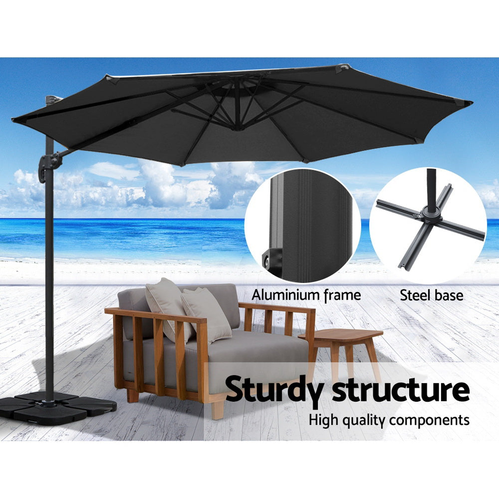 Marlook 3m Outdoor Umbrella w/Base Cantilever Beach Roma 360 Degree Tilt Black