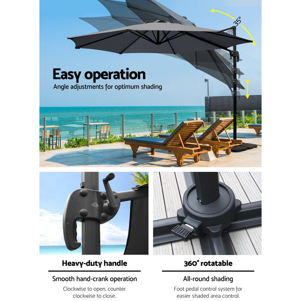 Marlook 3m Outdoor Umbrella w/Base Cantilever Beach Roma 360 Degree Tilt Charcoal