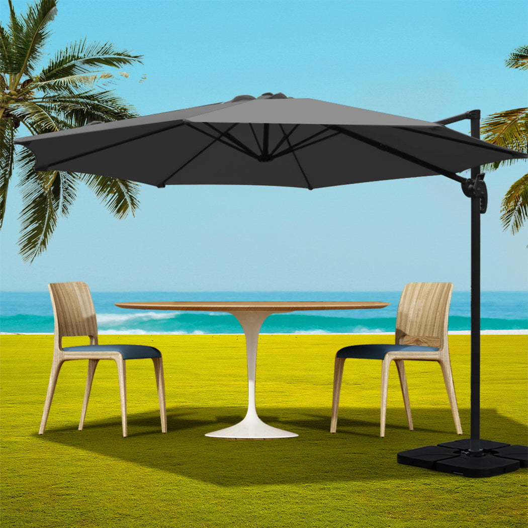 Marlook 3m Outdoor Umbrella w/Base Cantilever Beach Roma 360 Degree Tilt Charcoal