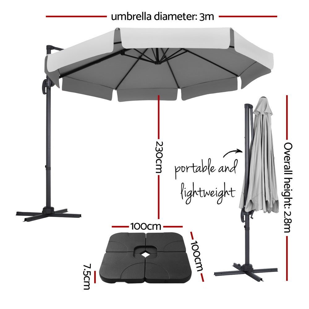 Marlook 3m Outdoor Umbrella w/Base Cantilever Beach Roma 360 Degree Tilt Grey