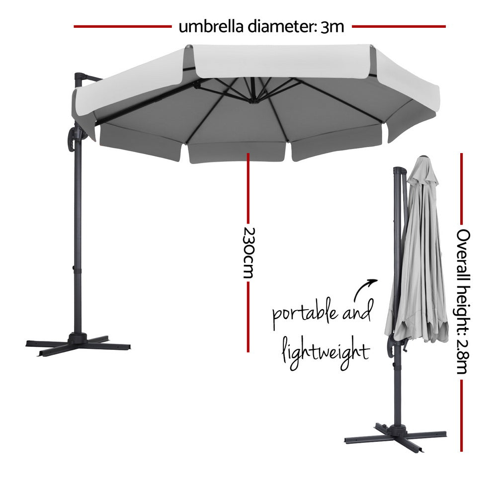 Marlook 3m Outdoor Umbrella Cantilever 360 Degree Tilt Beach Roma Grey