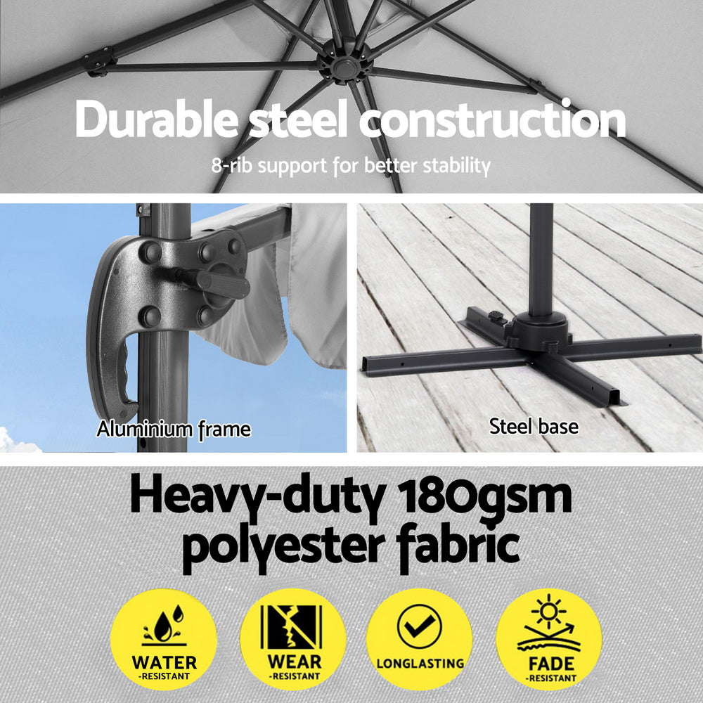 Marlook 3m Outdoor Umbrella Cantilever 360 Degree Tilt Beach Roma Grey