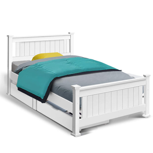 Marlook Bed Frame Single Size Wooden with 2 Drawers White RIO
