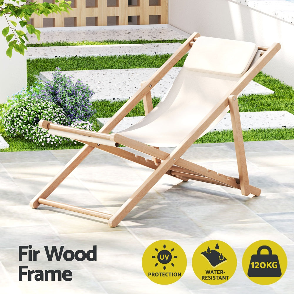 Marlook Outdoor Deck Chair Wooden Sun Lounge Folding Beach Patio Furniture Beige