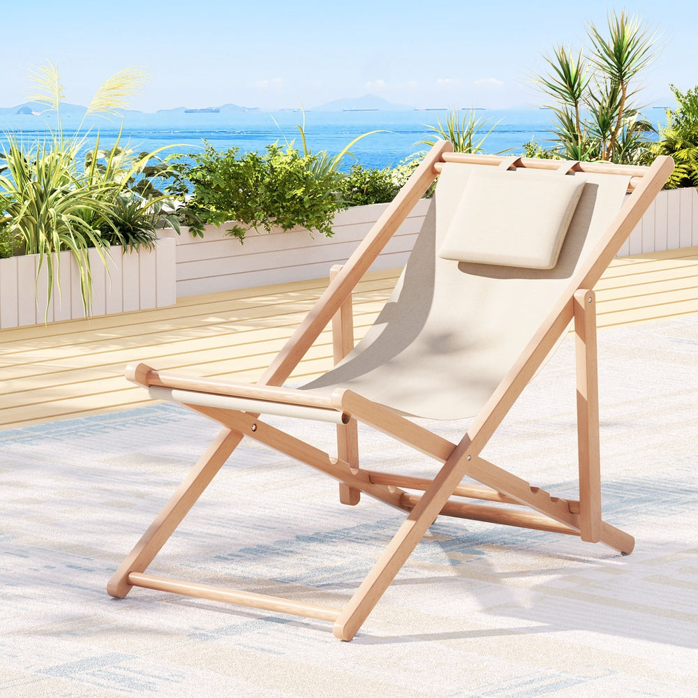 Marlook Outdoor Deck Chair Wooden Sun Lounge Folding Beach Patio Furniture Beige
