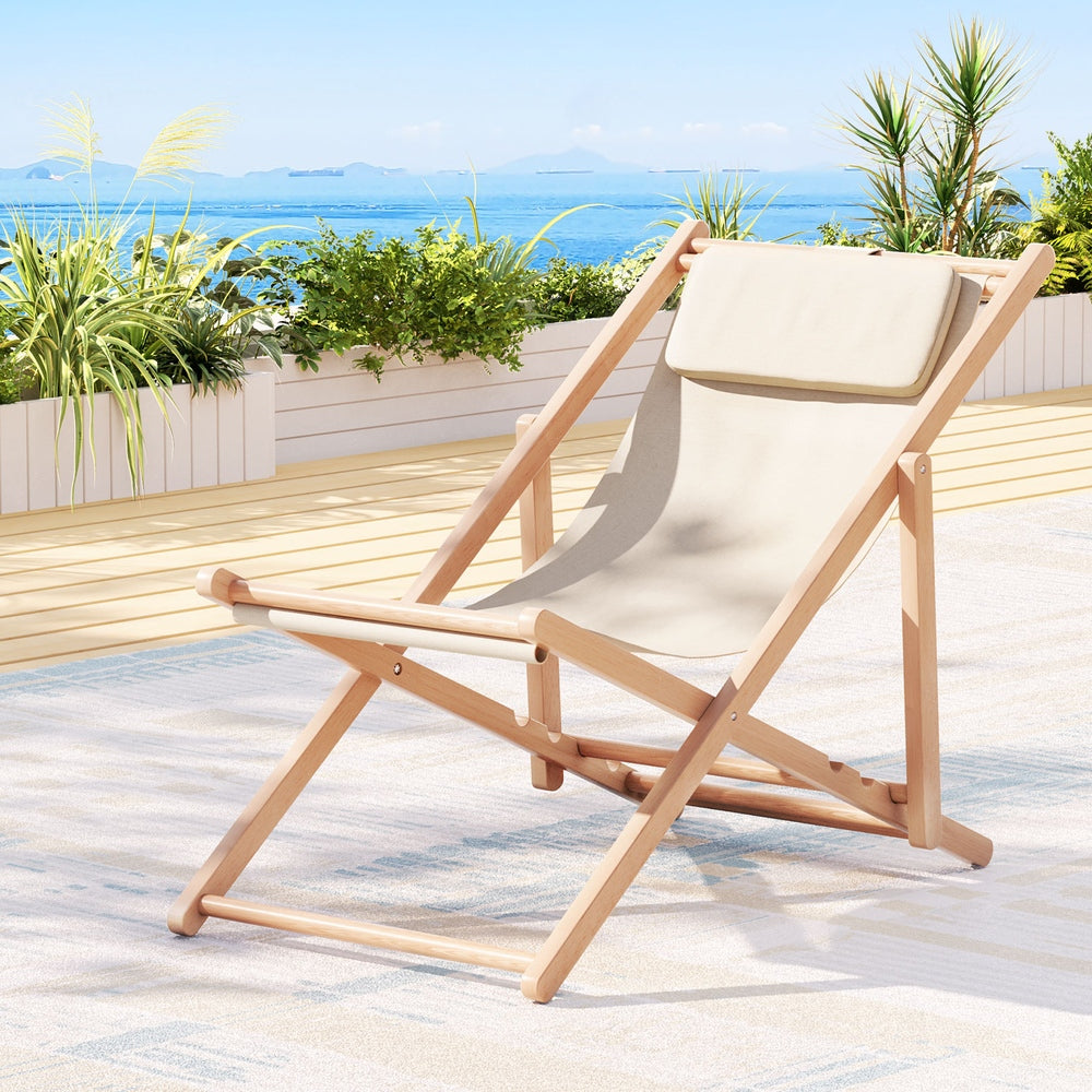 Marlook Outdoor Deck Chair Wooden Sun Lounge Folding Beach Patio Furniture Beige